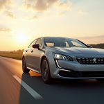 Peugeot 508 PSE en mouvement sur route de campagne au coucher du soleil