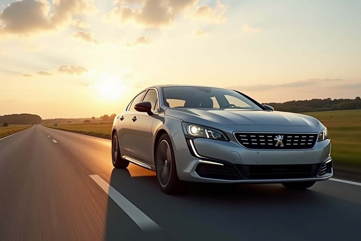 Peugeot 508 PSE en mouvement sur route de campagne au coucher du soleil