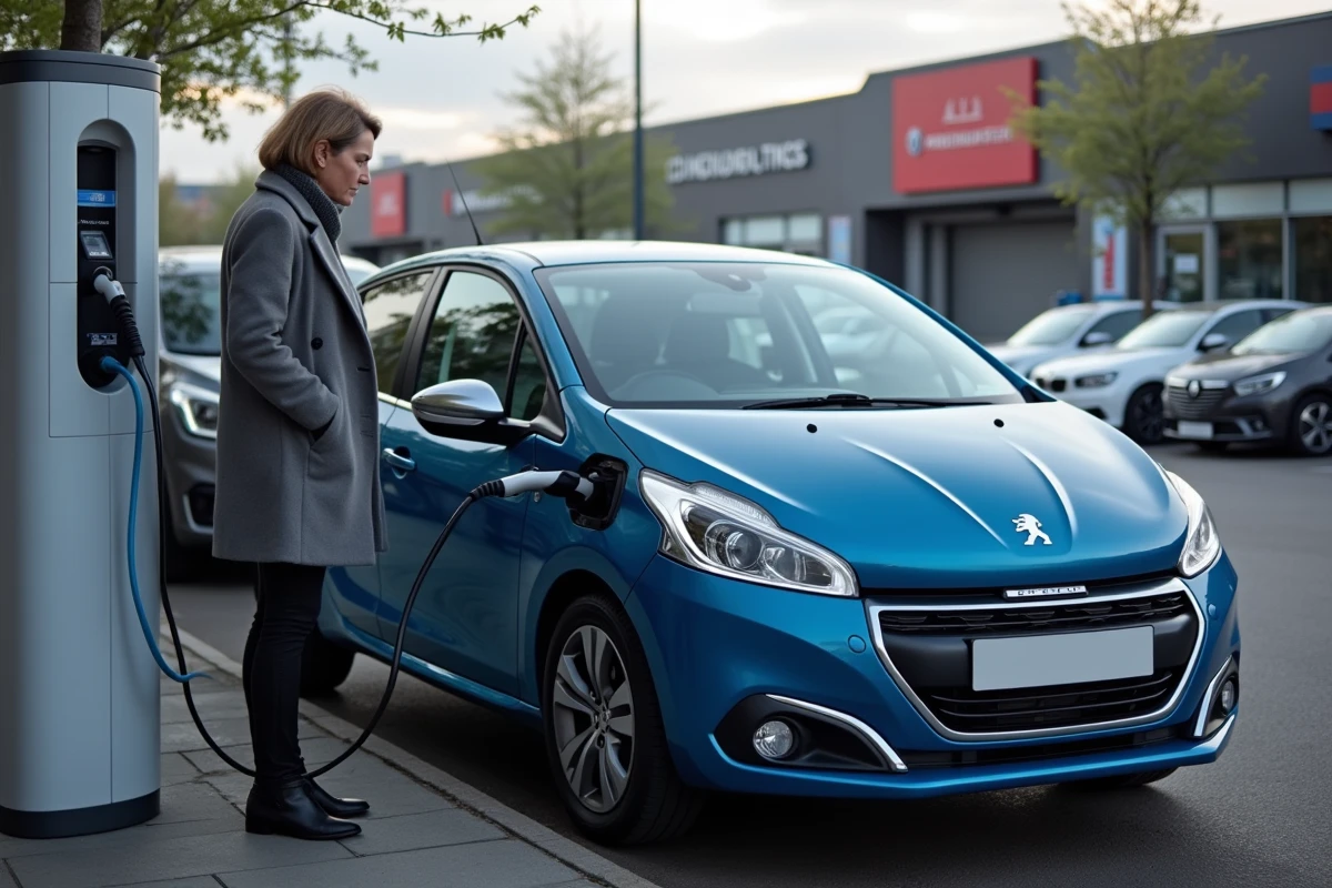 Peugeot e-208 électrique en charge dans un parking urbain, illustration de la motorisation 100% électrique