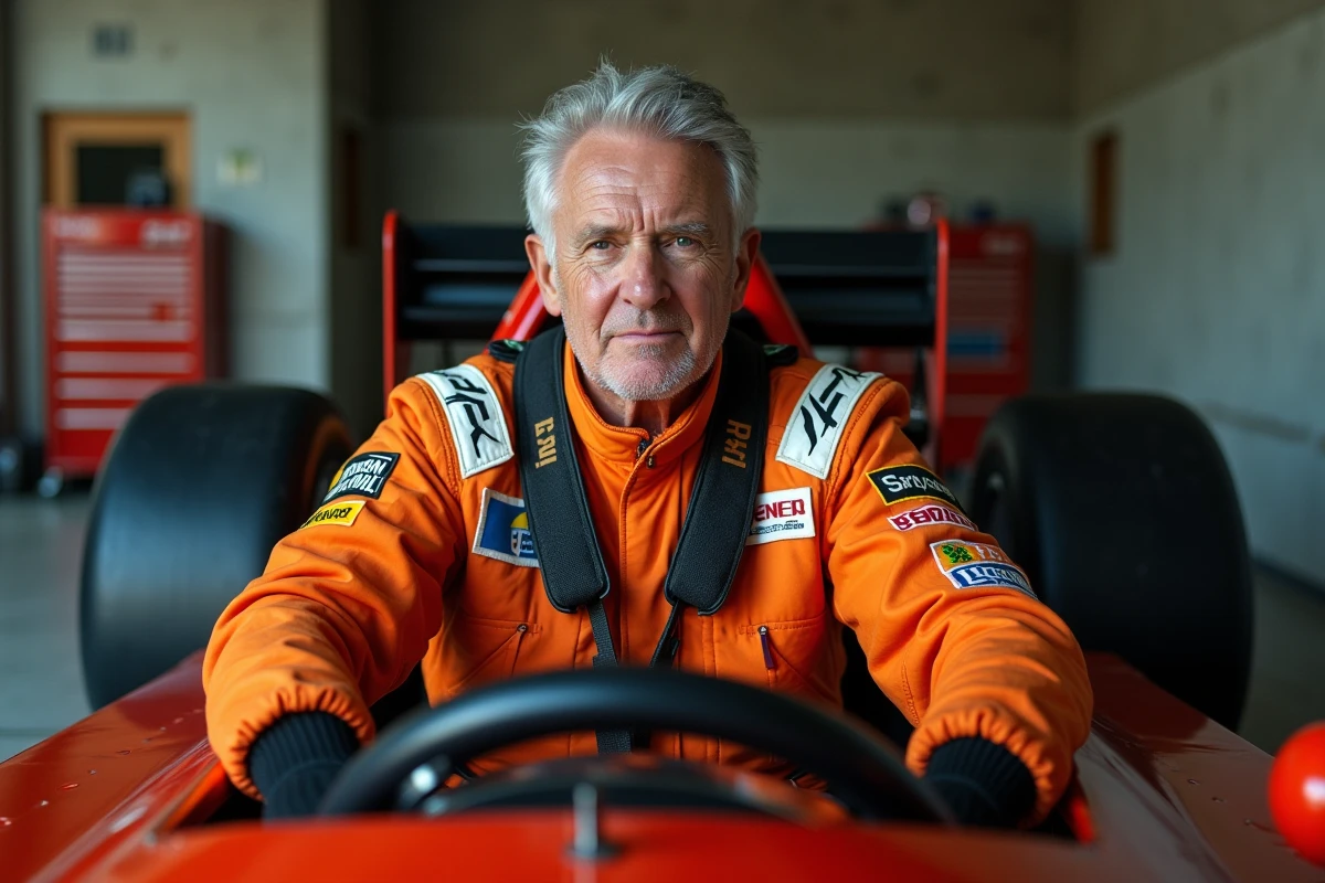 Pilote professionnel assis dans le siège central d'une McLaren F1 GTR, mains sur le volant dans un garage de course