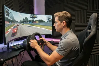Pilote en tenue décontractée concentré sur un simulateur de conduite Assetto Corsa avec triple écran incurvé dans un studio de sim racing sombre