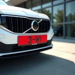 Plaque d'immatriculation rouge WW montée sur le pare-chocs d'une voiture blanche devant une concession automobile