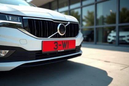 Plaque d'immatriculation rouge WW montée sur le pare-chocs d'une voiture blanche devant une concession automobile
