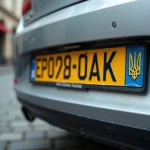 Gros plan sur une plaque d'immatriculation ukrainienne UA sur une voiture garée dans une rue européenne