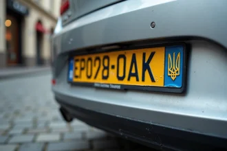 Gros plan sur une plaque d'immatriculation ukrainienne UA sur une voiture garée dans une rue européenne