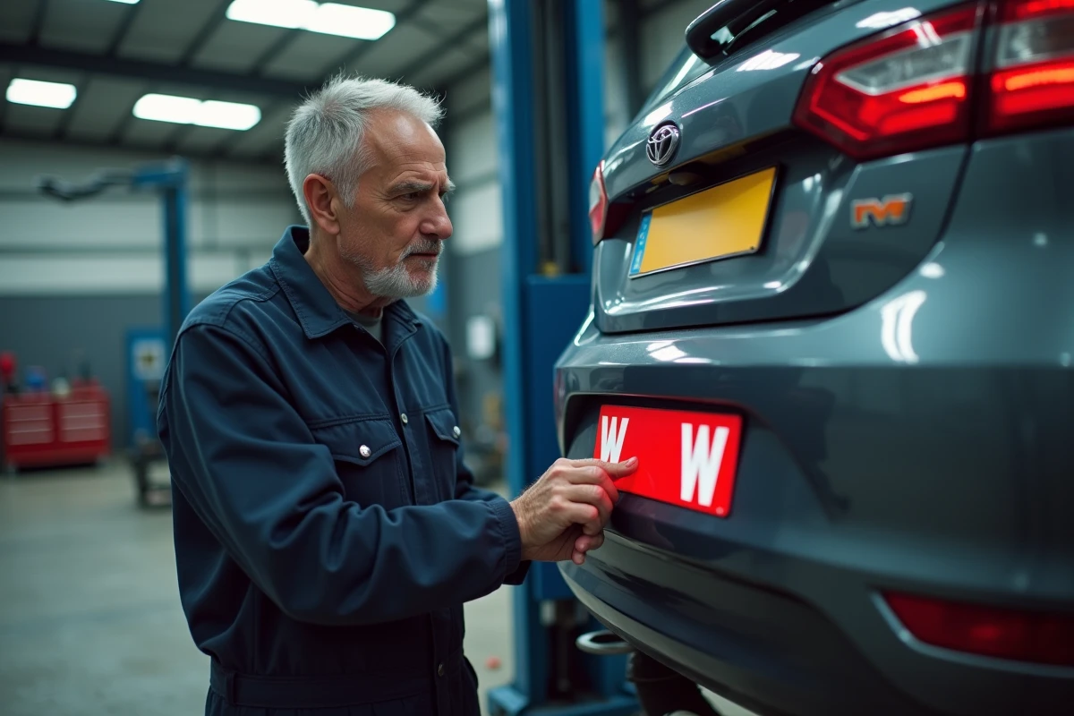 Mécanicien inspectant une plaque rouge de garage W fixée sur une voiture grise dans un atelier automobile
