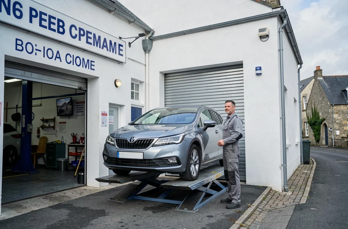 Façade du garage Pluméliau Automobiles avec un mécanicien devant un véhicule surélevé