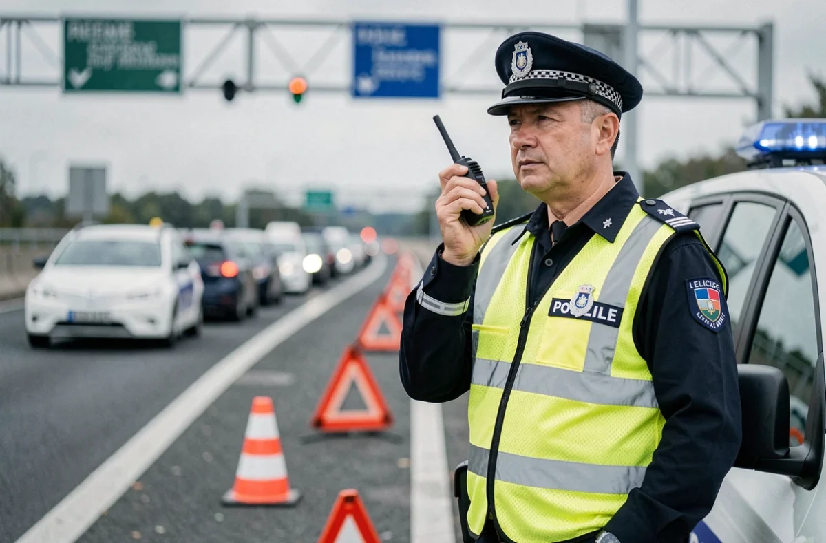 Agent de police en gilet jaune gérant la circulation sur la rocade de Rennes suite à un accident