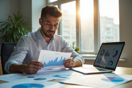 Professionnel d'assurance analysant des documents et graphiques