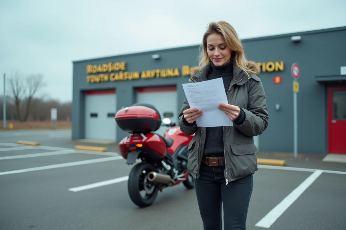 Propriétaire de moto consultant sa liste de vérification avant le contrôle technique obligatoire