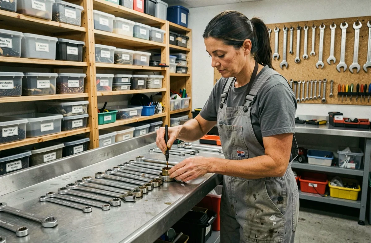 Mécanicienne appliquant de l'huile anti-rouille sur des clés combinées dans un atelier garage bien organisé