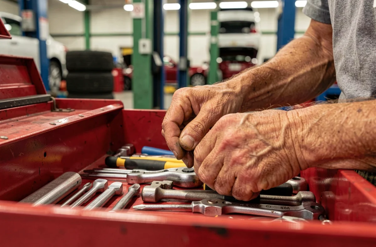 Mains de mécanicien inspectant et rangeant des outils dans un tiroir de boîte à outils rouge dans un atelier automobile