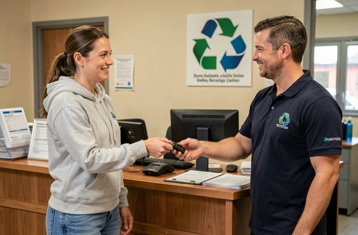 Remise des clés d'un véhicule hors d'usage à un employé lors du rachat dans un centre de recyclage automobile