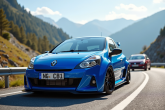 Renault Clio 2 RS sur route de montagne ensoleillee