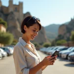 Femme réservant une place de parking à Les Baux-de-Provence via une application mobile, avec les falaises calcaires en arrière-plan