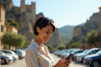 Femme réservant une place de parking à Les Baux-de-Provence via une application mobile, avec les falaises calcaires en arrière-plan