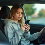 Jeune femme révisant les 100 questions du code de la route sur son smartphone assis dans sa voiture