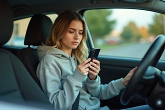 Jeune femme révisant les 100 questions du code de la route sur son smartphone assis dans sa voiture