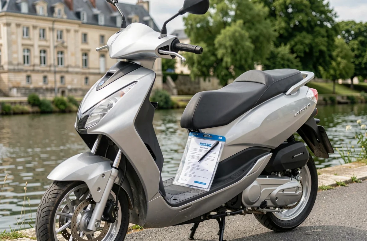 Scooter urbain garé au bord de l'Erdre à Nantes avec un document d'assurance visible