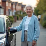 Femme senior souriante à côté d'une voiture compacte moderne