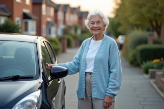 Femme senior souriante à côté d'une voiture compacte moderne
