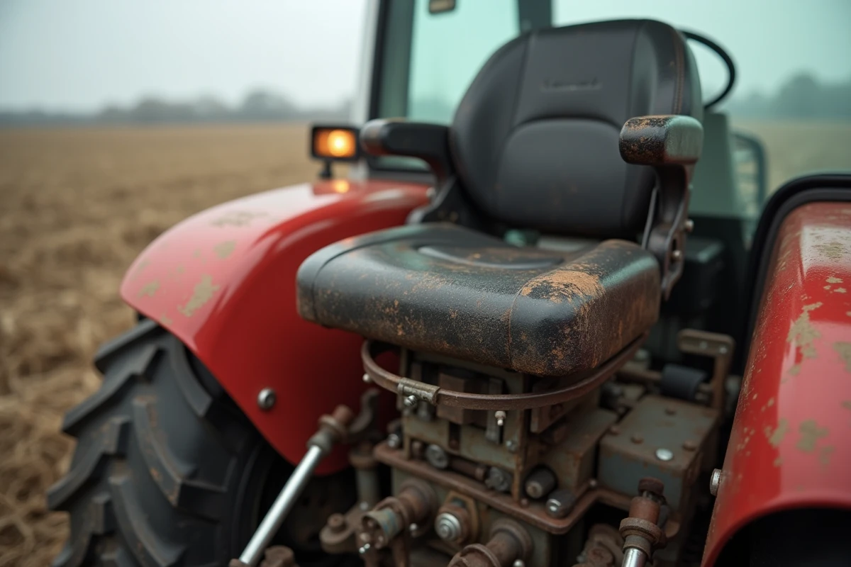 Détail d'un siège de tracteur mal installé avec supports désalignés en milieu agricole