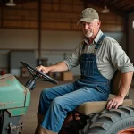 Agriculteur inspectant un siège de tracteur usé et fissuré dans une grange agricole