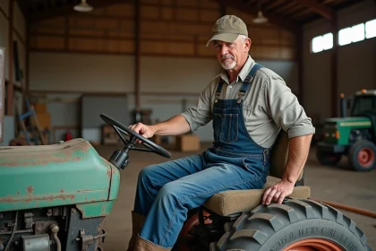 Agriculteur inspectant un siège de tracteur usé et fissuré dans une grange agricole