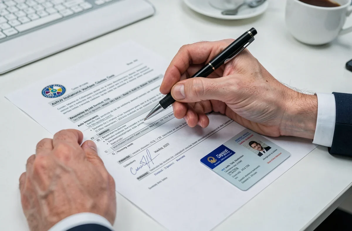 Mains d'un fonctionnaire signant un contrat d'assurance auto avec une carte professionnelle de la fonction publique posée sur le bureau