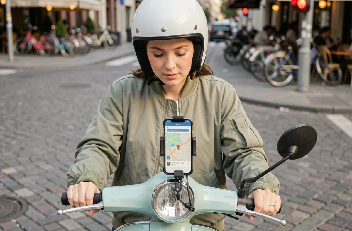 Femme à scooter utilisant son smartphone comme GPS au guidon à un feu rouge