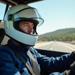Pilote adulte en combinaison de pilotage au volant d'un bolide sur circuit lors d'un stage de conduite sportive