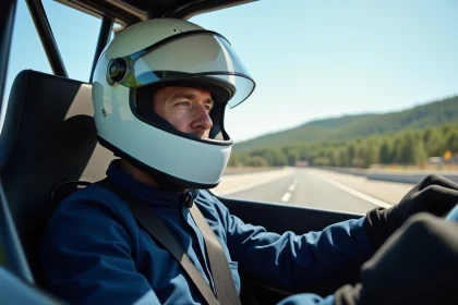 Pilote adulte en combinaison de pilotage au volant d'un bolide sur circuit lors d'un stage de conduite sportive