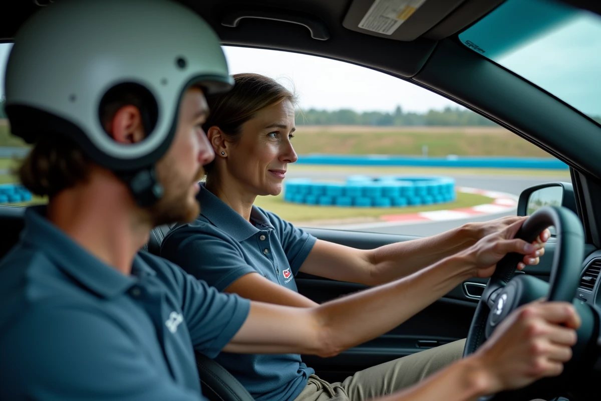 Instructrice de pilotage accompagnant un élève au volant sur circuit lors d'un stage en semaine