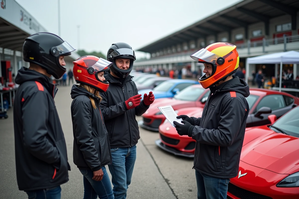 Groupe de participants d'un stage de pilotage en week-end discutant dans le paddock d'un circuit automobile
