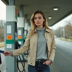 Femme faisant le plein à une station-service automatique sans personnel à Roanne, insérant sa carte bancaire dans la borne de paiement