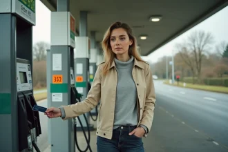 Femme faisant le plein à une station-service automatique sans personnel à Roanne, insérant sa carte bancaire dans la borne de paiement