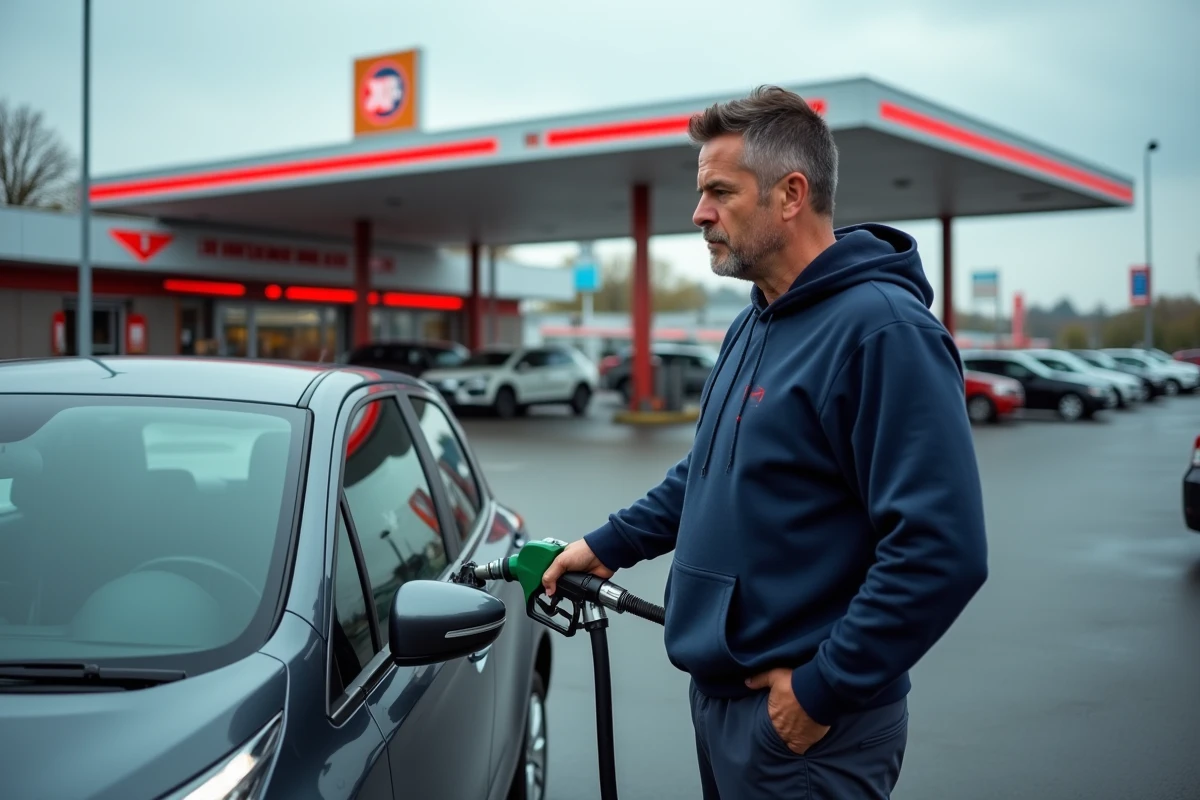 Homme faisant le plein de sa voiture dans une grande station-service de supermarché, avec le parking et l'enseigne du magasin en arrière-plan