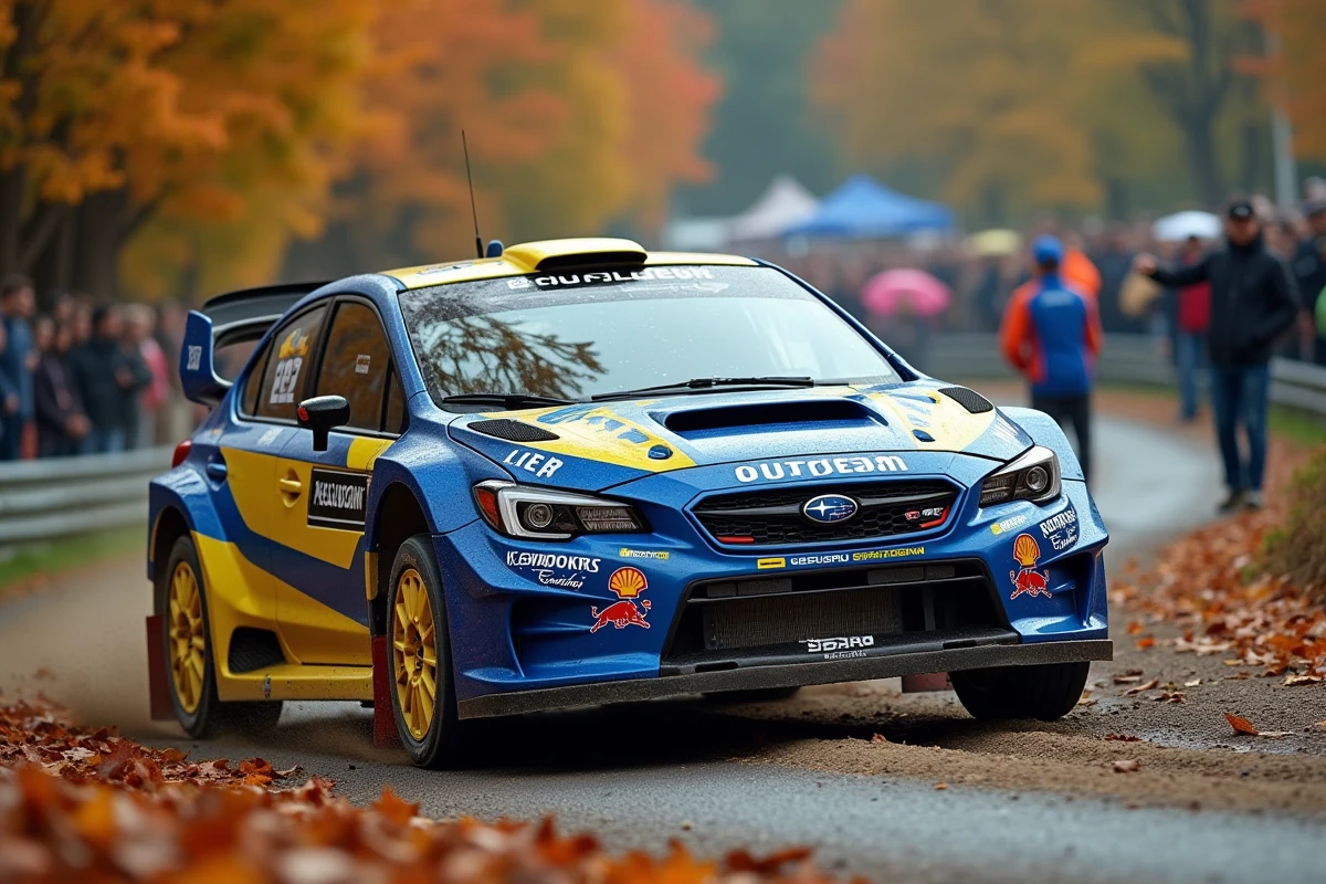 Voiture de rallye Subaru en pleine course avec copilote en action