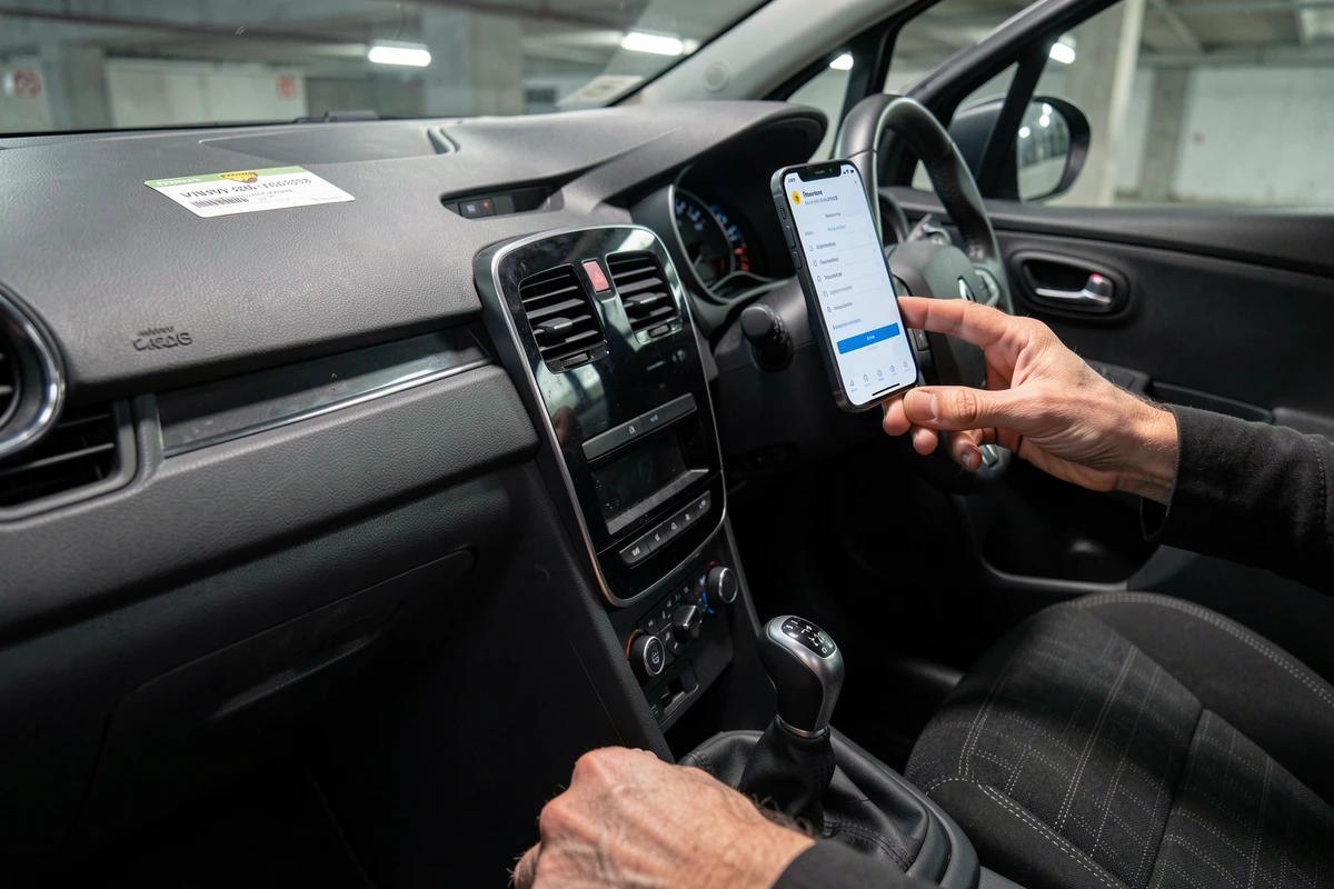 Gros plan sur le tableau de bord d'une Renault Clio 4 avec un smartphone affichant un champ de code d'authentification et une carte d'identification VIN