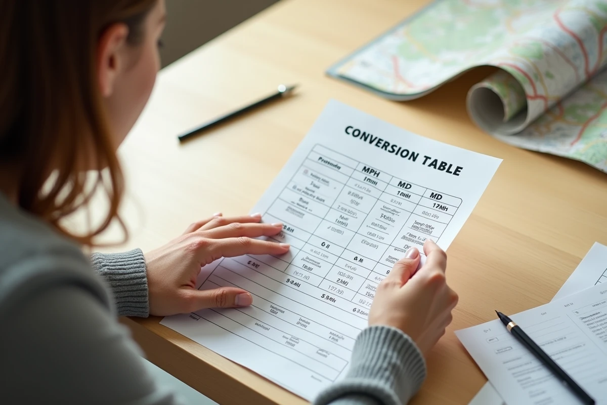 Femme consultant un tableau de conversion de vitesse mph en km/h imprimé sur papier posé sur un bureau en bois