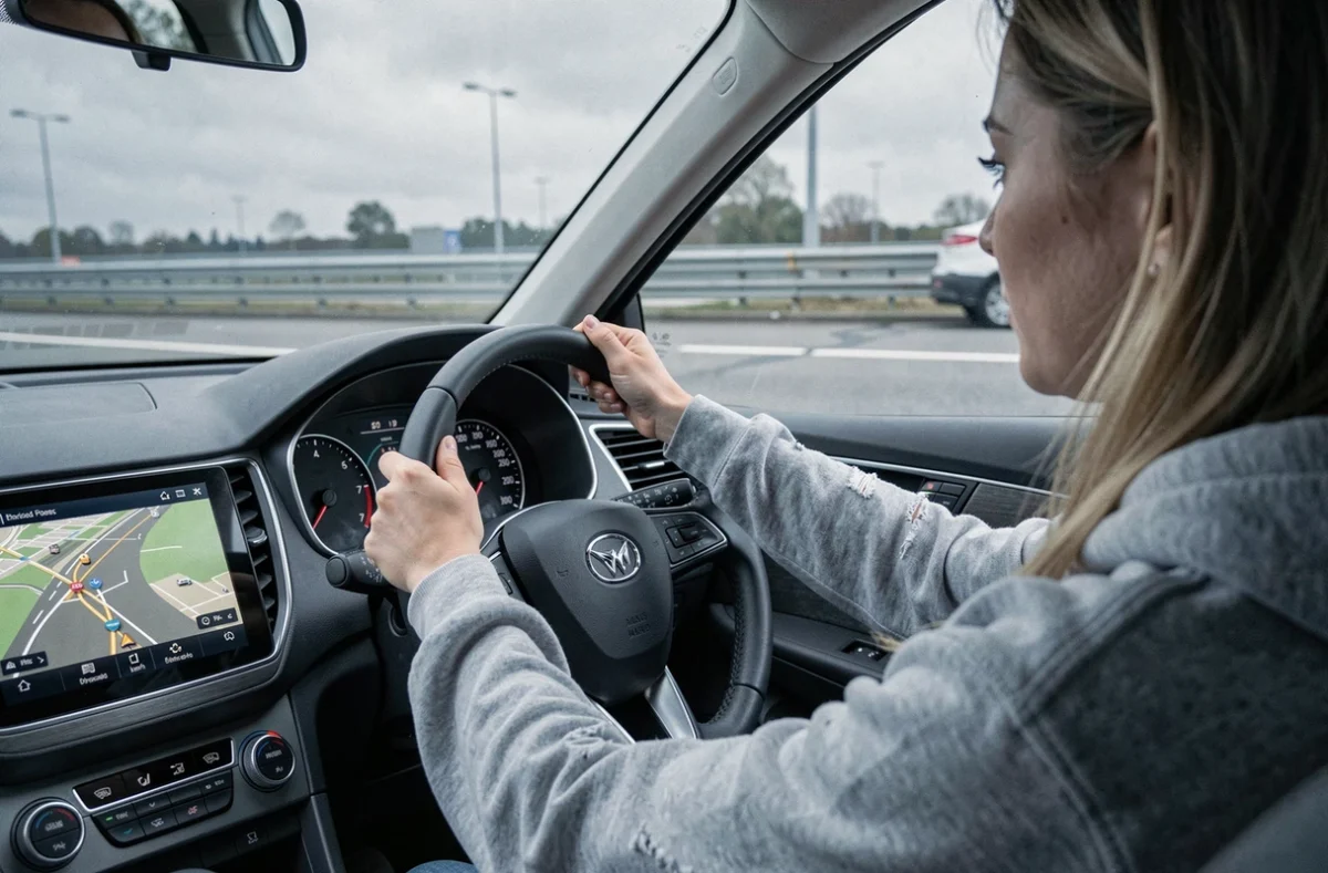 Conductrice observant le tableau de bord d'une voiture affichant un compteur de vitesse en mph et km/h sur une aire d'autoroute