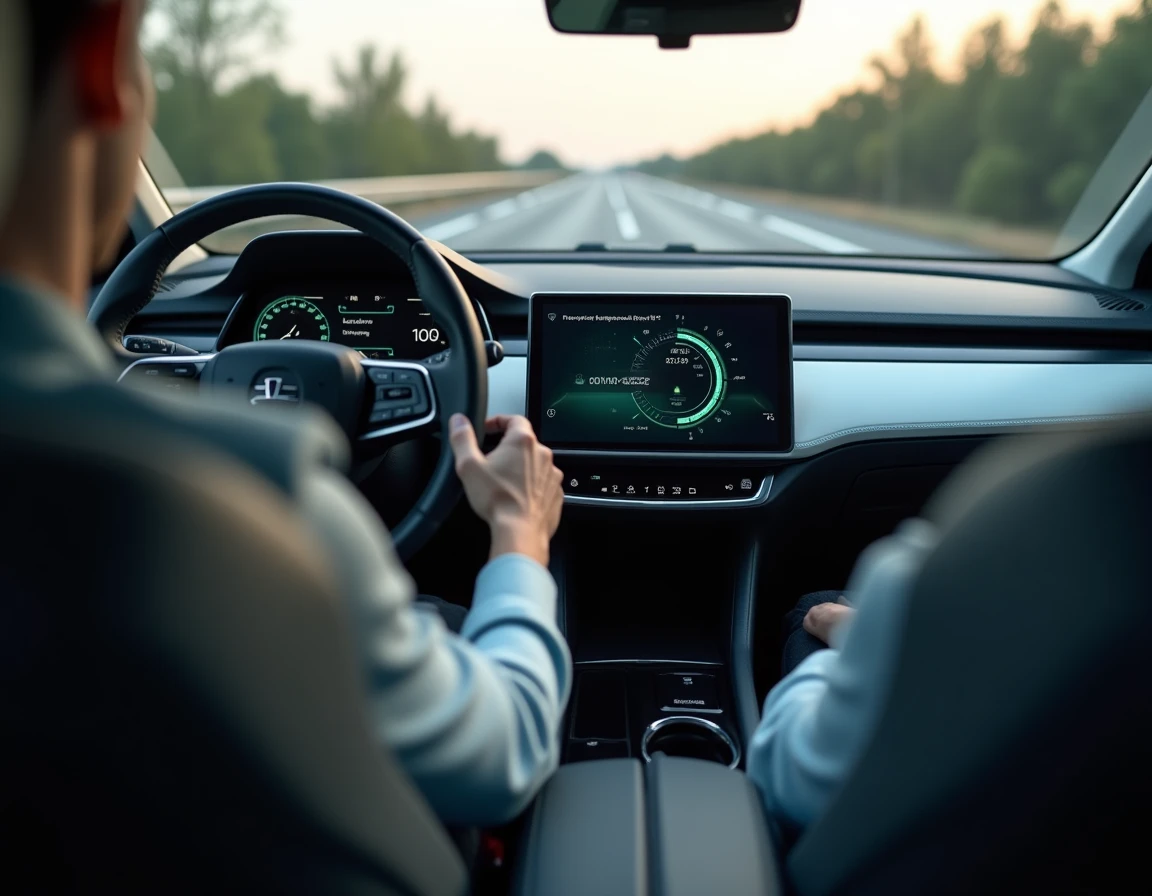 Tableau de bord d'une voiture hybride affichant le système de récupération d'énergie cinétique au freinage sur l'écran central pendant la conduite sur autoroute