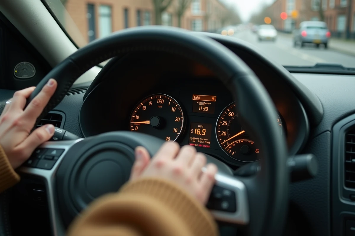 Tableau de bord d'une voiture essence montrant une jauge de carburant presque vide et la consommation moyenne en conduite urbaine