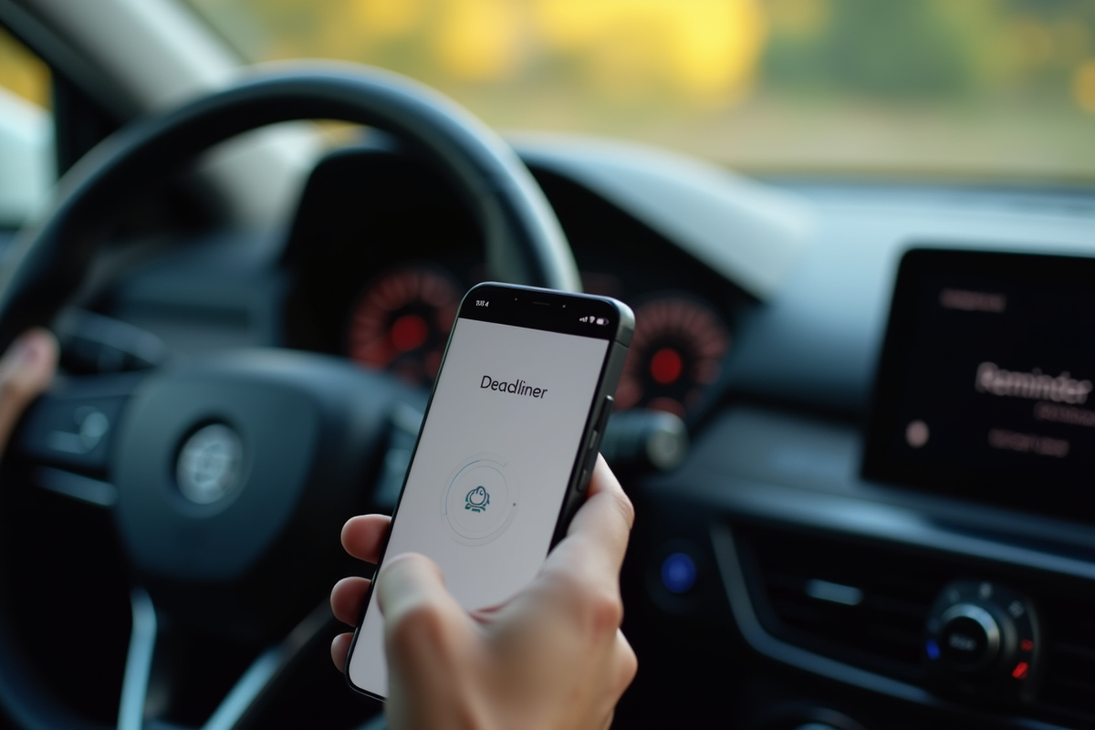 Main réglant un rappel sur smartphone sur le tableau de bord