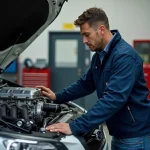Technicien automobile examinant un moteur Subaru propre