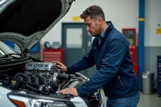 Technicien automobile examinant un moteur Subaru propre