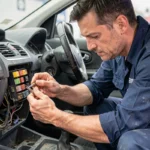 Technicien automobile inspectant le boîtier de fusibles d'un Renault Scenic 2 pour diagnostiquer une panne des vitres électriques
