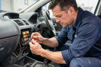 Technicien automobile inspectant le boîtier de fusibles d'un Renault Scenic 2 pour diagnostiquer une panne des vitres électriques