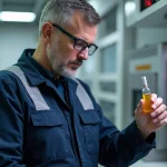 Technicien en tenue de laboratoire avec échantillon de carburant premium