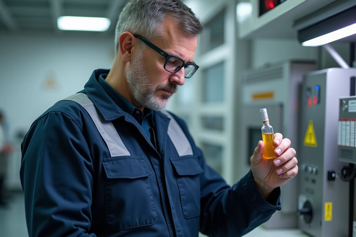 Technicien en tenue de laboratoire avec échantillon de carburant premium